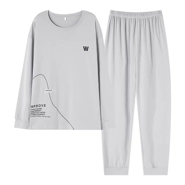 莫代尔 轻盈吸湿排汗舒适亲肤耐磨柔软微弹透气可居家休闲可外穿长袖长裤睡衣套装 男款 浅灰色