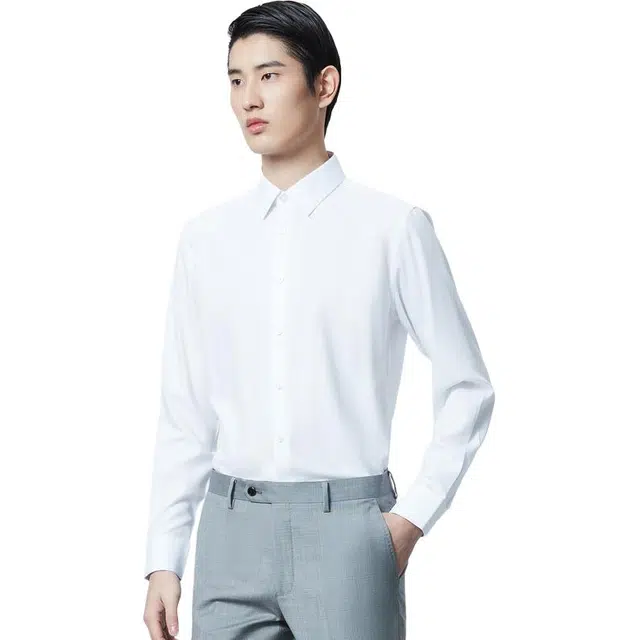 依文 商务休闲纯色尖领长袖衬衫 男款 白色