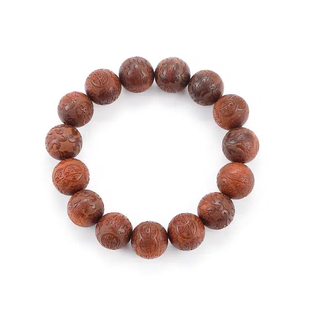 天纵 新中式文玩复古简约大气手链 雷击料雕刻招财进宝转运珠单圈 柏木 木作手串 男女同款情侣款