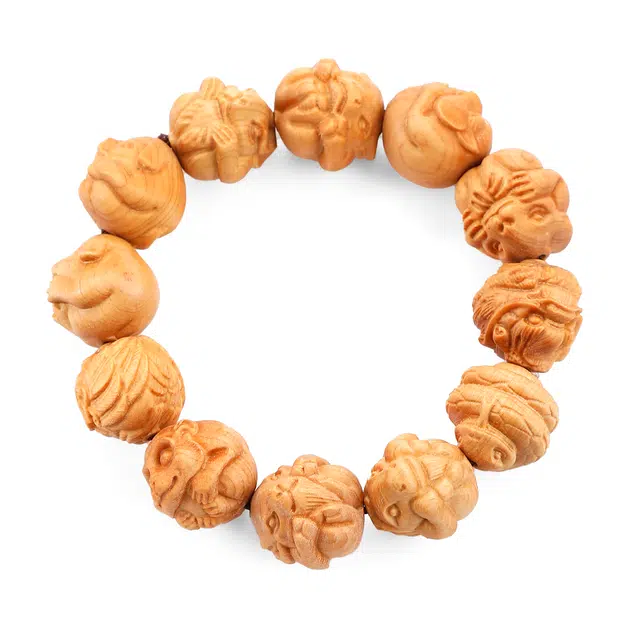 天纵 开运文玩佛珠复古风实木雕刻十二生肖霸气盘玩念珠 柏木 手串 男款