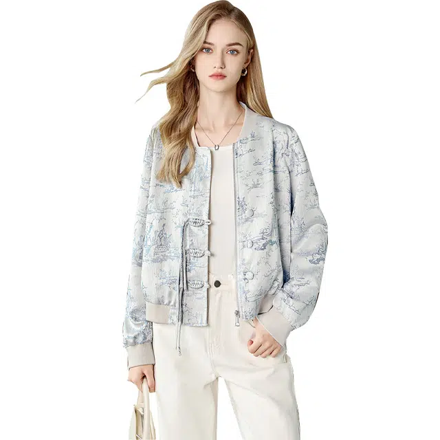 她池 宽松印花盘扣新中式舒适简约截短外套 女款 蓝绿色