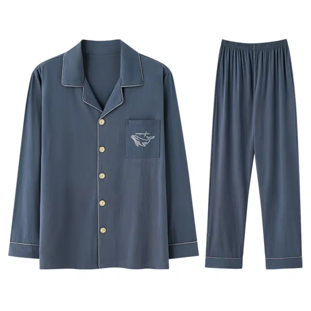 兰缪 简约纯色翻领长袖长裤宽松丝滑舒适可外穿家居服睡衣套装 男款 图色