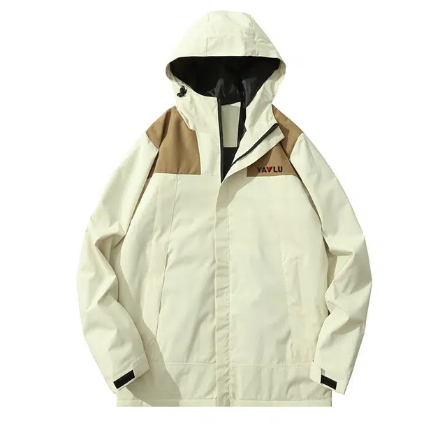 雅鹿  时尚运动百搭宽松连帽夹克衫外套运动户外工装三防休闲 冲锋衣 男女同款 卡其拼白