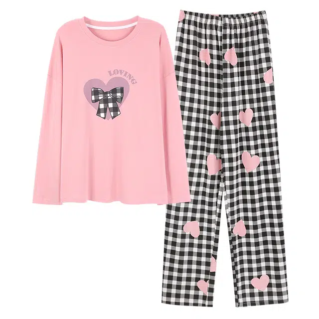 睦隆世家 微弹柔软透气细腻耐磨轻盈吸湿排汗亲肤舒适可居家休闲可外穿长袖长裤睡衣套装 女款 粉红色