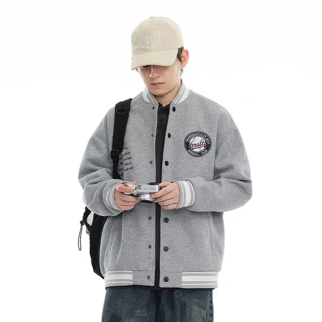 寻星记  美式潮牌字母刺绣复古外套宽松重磅开衫日系休闲大码运动学生百搭舒适棒球服 男女同款