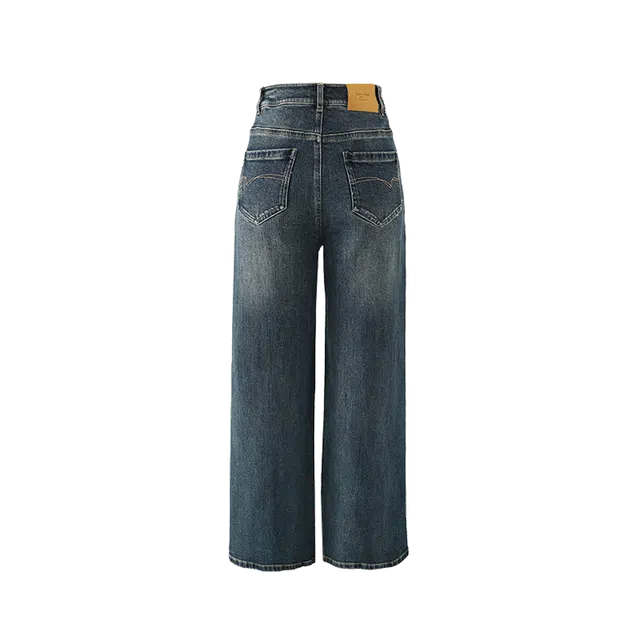 娅丽达 时尚阔腿宽松拉链纯色牛仔裤 女款