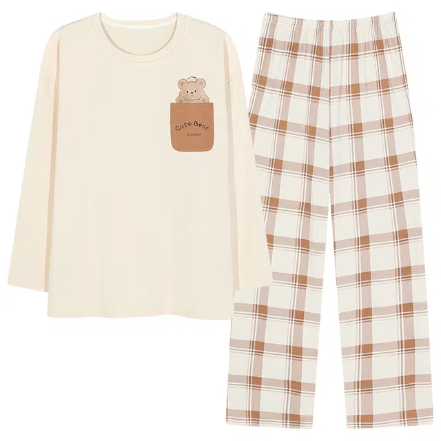 睦隆世家 休闲韩版小清新舒适上衣甜美透气下衣睡衣套装 女款 杏色