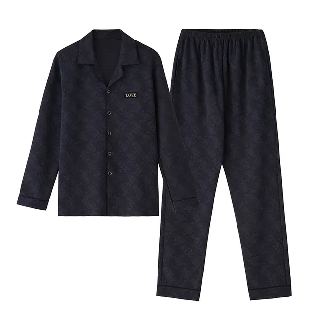 乐姿韵 轻奢翻领开衫宽松长袖长裤高级感舒适可外穿家居服睡衣套装 男款 黑色