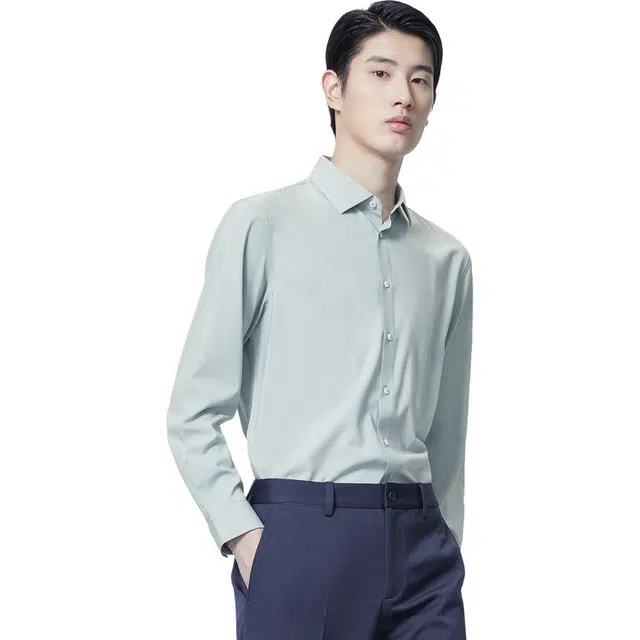 依文 纯色休闲商务职业修身长袖衬衫 男款 绿色