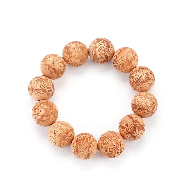 天纵 新中式招财纳福小众设计盘串转运珠  原木雕刻花开富贵文玩复古佛珠 柏木 木作手串 男款