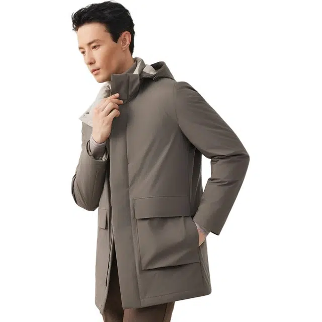 依文 商务连帽纯色羽绒服 男款 咖啡色