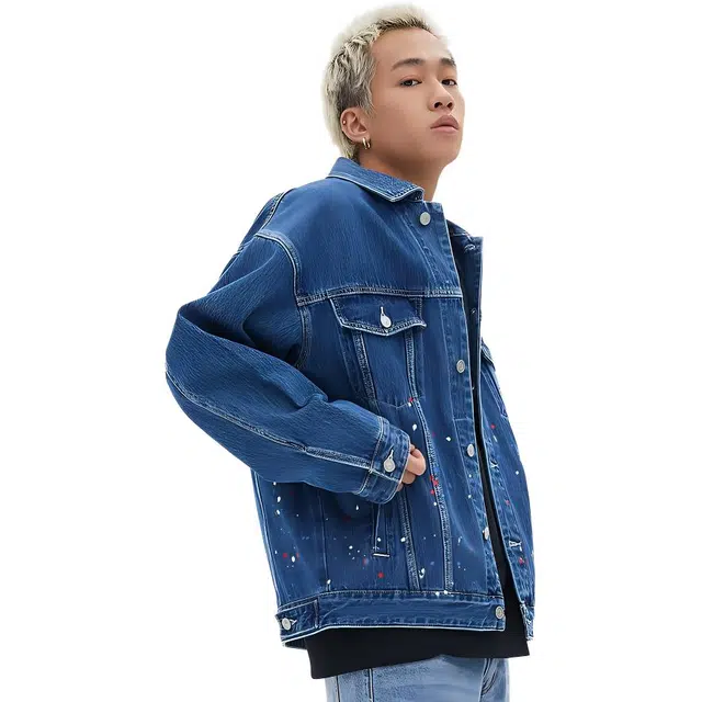 美特斯邦威 纯色翻领单排扣长袖牛仔外套 男款