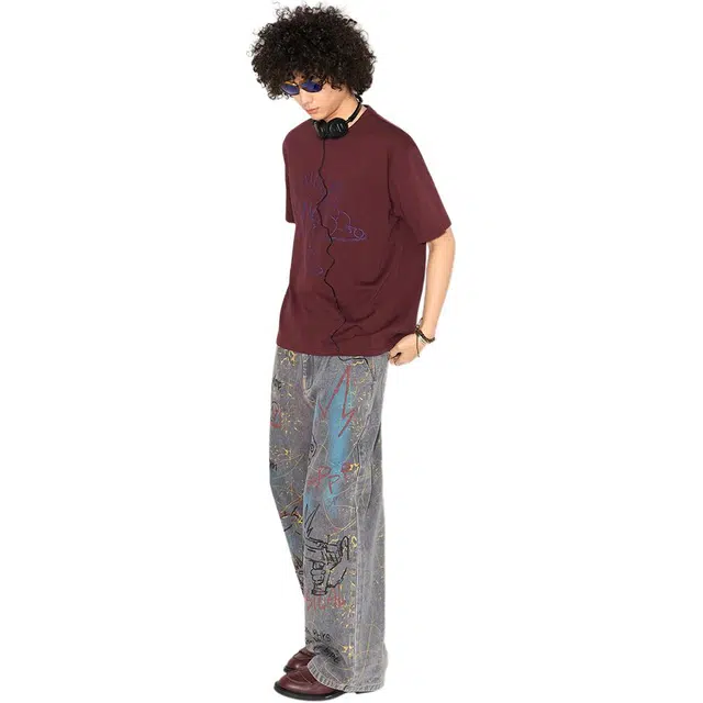 物理少年 少年街机系列 涂鸦艺术手绘搞怪风印花宽松牛仔裤 男女同款 花灰色