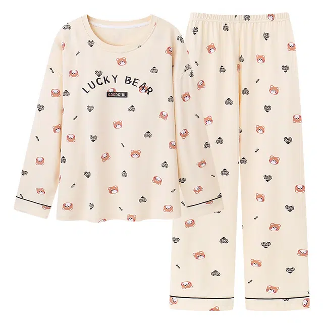 睦隆世家 舒适微弹透气耐磨不易起球柔软亲肤圆领长袖长裤居家可外穿睡衣套装 女款 杏色