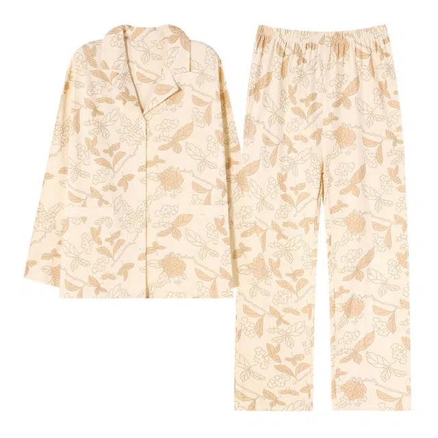 睦隆世家 小清新植物花卉满印翻领上衣舒适透气长裤睡衣套装 女款 杏色