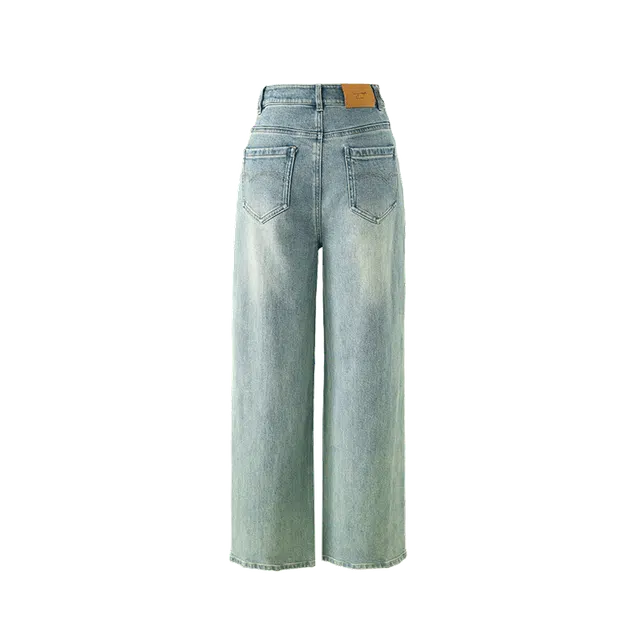 娅丽达 时尚阔腿宽松拉链纯色牛仔裤 女款