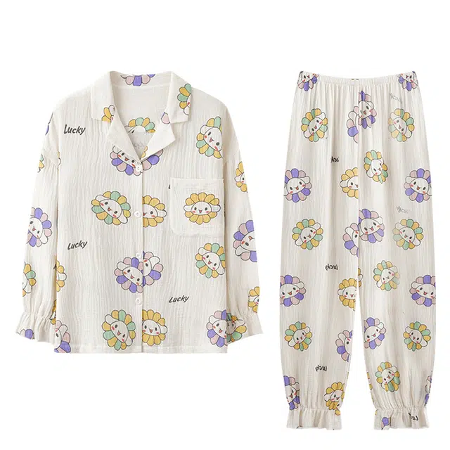 欧迪芬 亲肤柔软舒适透气绉布长袖开衫翻领可爱印花甜美长裤睡衣套装 女款 白色