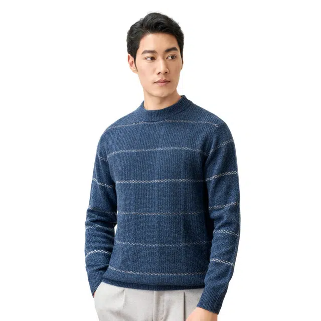 恒源祥 撞色条纹半高领套头针织毛衣 男款