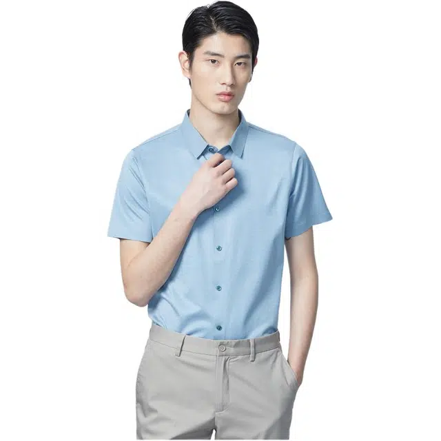 依文 商务高级休闲纯色简约短袖衬衫 男款 浅蓝色