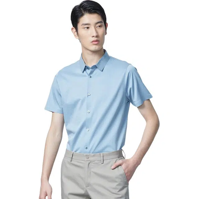 依文 商务高级休闲纯色简约短袖衬衫 男款 浅蓝色
