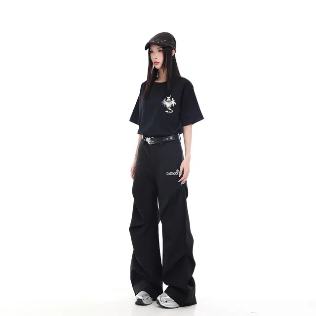 梁拌泡菜 幽灵字母印花垂感直筒阔腿宽松西装裤显瘦休闲裤 男女同款 黑色