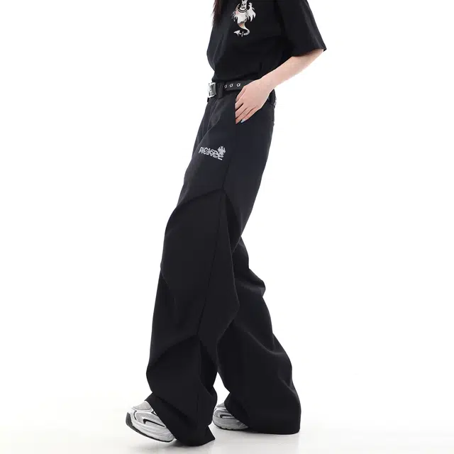 梁拌泡菜 幽灵字母印花垂感直筒阔腿宽松西装裤显瘦休闲裤 男女同款 黑色