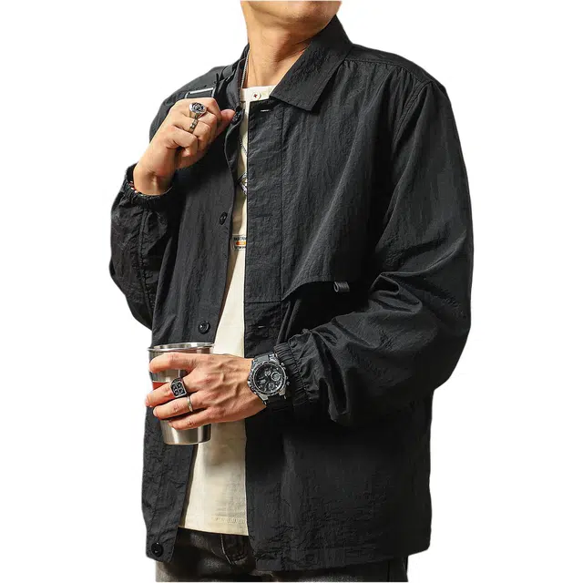 季言 宽松翻领纯色休闲长袖夹克外套 男款 黑色