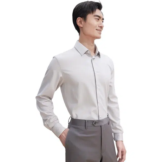 依文 莫代尔蚕丝简约长袖衬衫 男款 卡其色