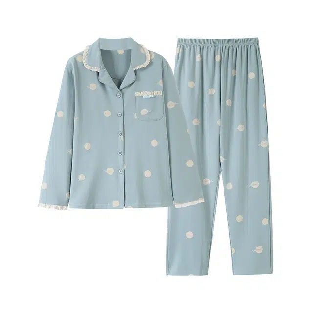 歌倩雅 简约舒适亲肤宽松翻领开衫长袖长裤可外穿睡衣套装 女款 蓝色