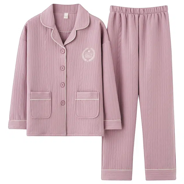 莫代尔 柔软蓄热锁温耐磨保暖夹层亲肤舒适长袖长裤睡衣套装 女款 藕色