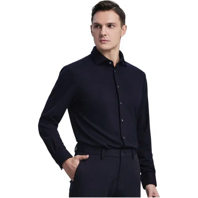 依文 纯色尖领商务休闲长袖衬衫 男款 藏蓝色