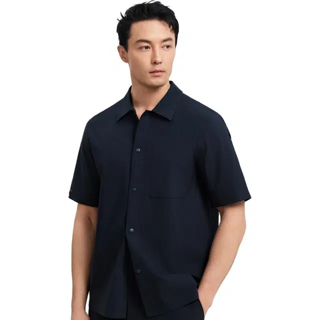 依文 透气纯色商务休闲短袖衬衫 男款 藏蓝色