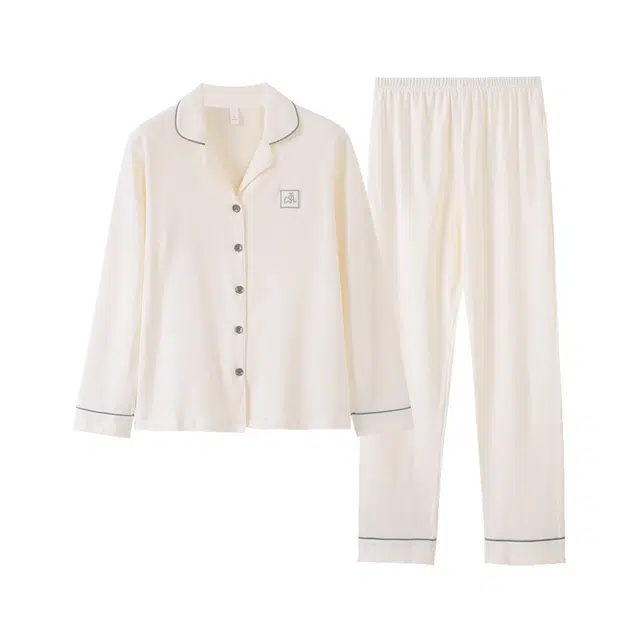 歌倩雅 高级感简约纯色翻领开衫长袖长裤舒适亲肤睡衣套装 女款 白色