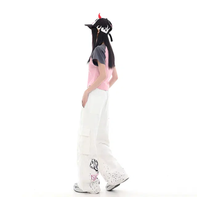 梁拌泡菜 幽灵喷墨设计感印花宽松显瘦阔腿直筒牛仔裤 男女同款