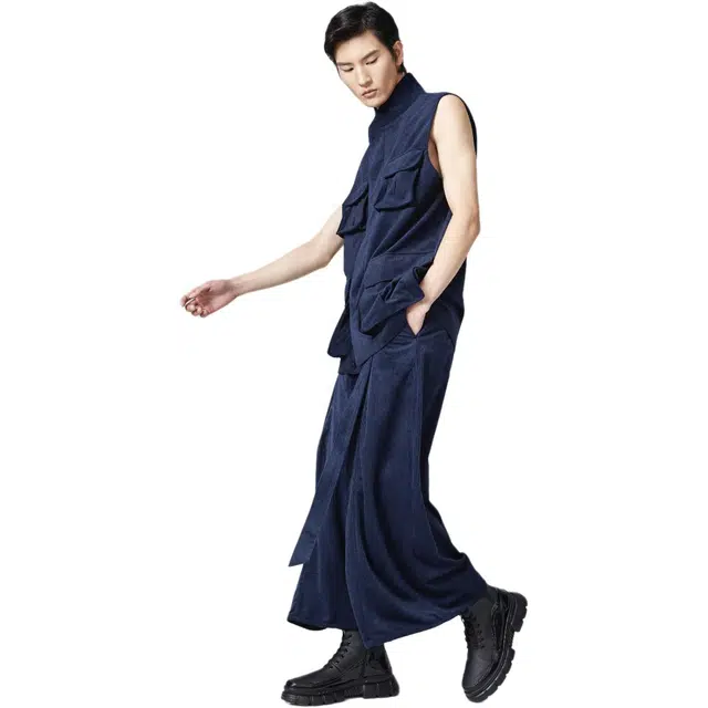 九牧王男裤专家 时尚设计秀款灯芯绒时尚纯色立领多口袋马甲 男款 藏青色