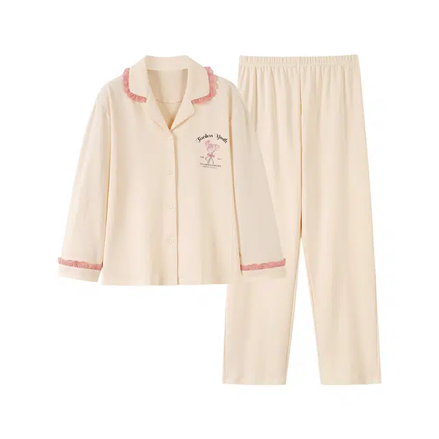 歌倩雅 简约休闲翻领开衫长袖长裤可外穿睡衣套装 女款 杏色