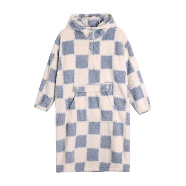 秀黛 棋盘格连帽保暖长袖睡裙 女款 蓝白