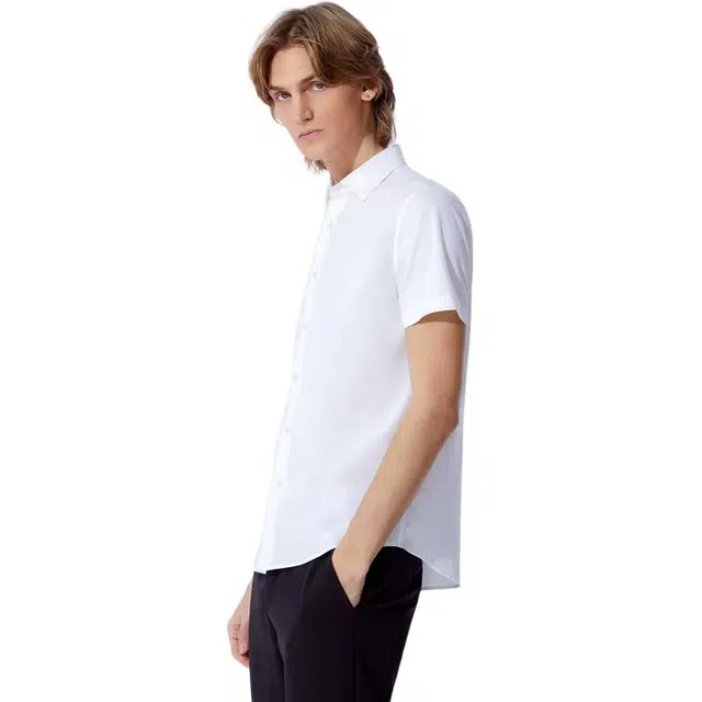 依文 休闲修身翻领职业纯色短袖衬衫 男款 白色