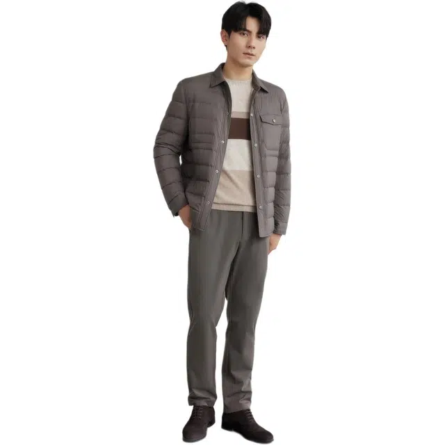 依文 翻领纯色休闲羽绒服 男款 灰咖色