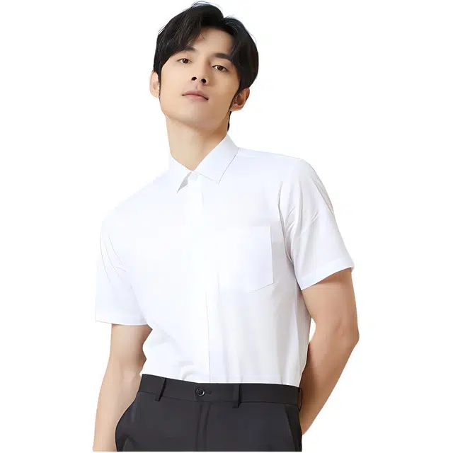才子 纯色修身尖领纽扣短袖衬衫 男款