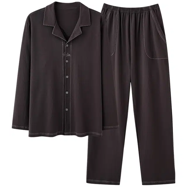 梦特娇 简约可外穿翻领开衫长袖长裤纯棉保暖家居服 纯色高级感舒适亲肤休闲宽松学生上衣睡衣套装 秋冬季 男女同款 两件套