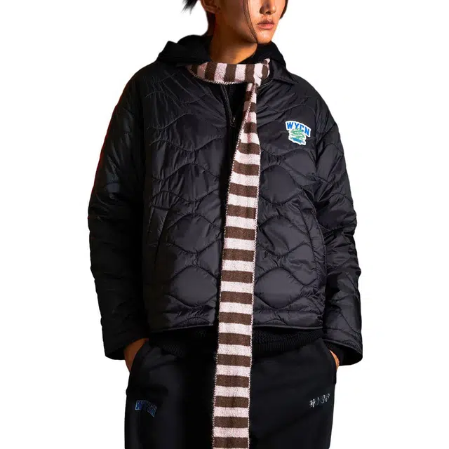 华人青年 贴布绣翻领绗缝棉服格形纹理夹克 男款 黑色