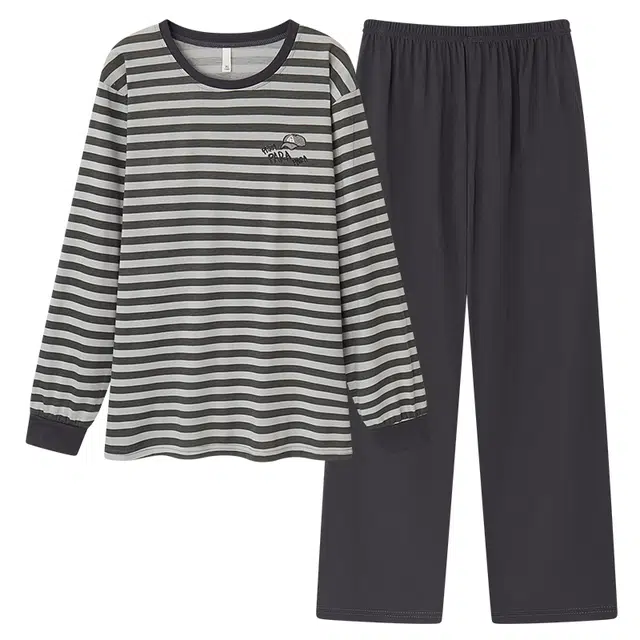 乐姿韵 条纹亲肤舒适长袖透气休闲长裤家居服可外穿睡衣套装 男款 黑色