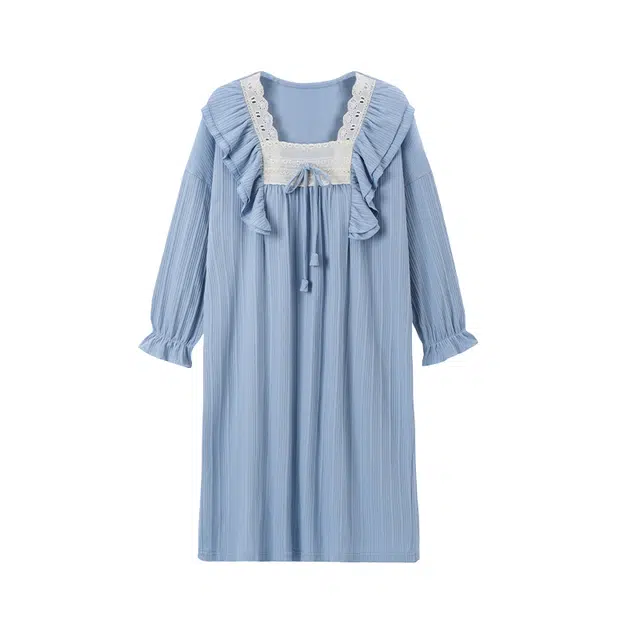 欧诗帛 纯色蕾丝方领带胸垫透气长袖睡裙 女款 蓝色