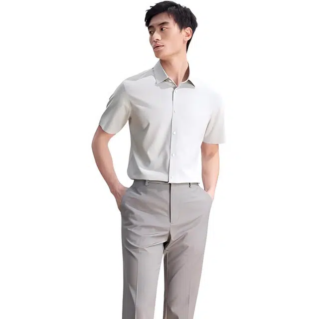 依文 纯色商务修身尖领短袖衬衫 男款 灰色