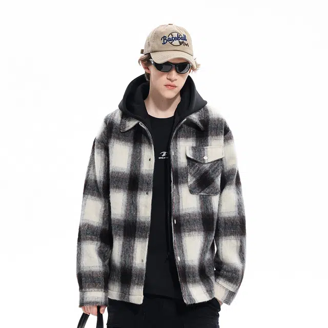 雅鹿 美式潮流时尚百搭连帽休闲宽松简约高级感格子夹克外套 男女同款