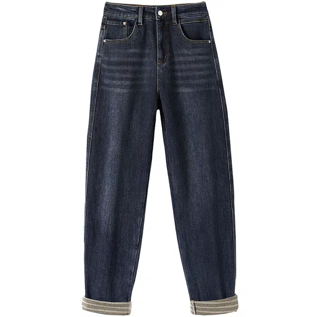她池 哈伦宽松高腰水洗卷边休闲牛仔裤 女款 深蓝色