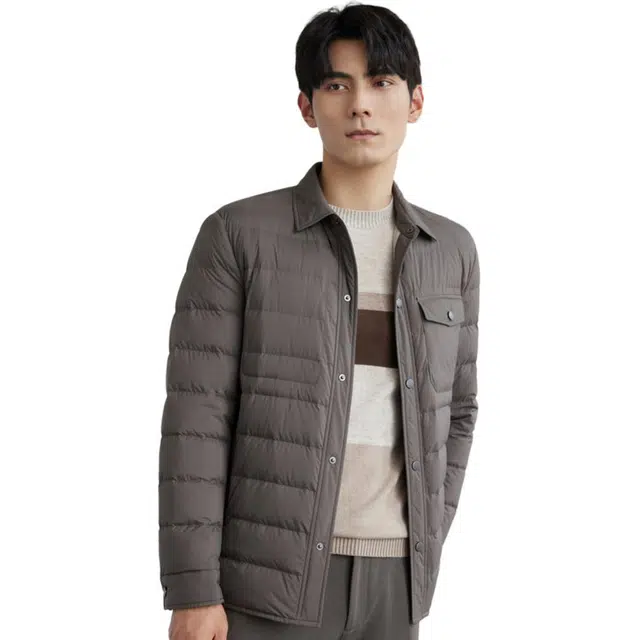 依文 翻领纯色休闲羽绒服 男款 灰咖色