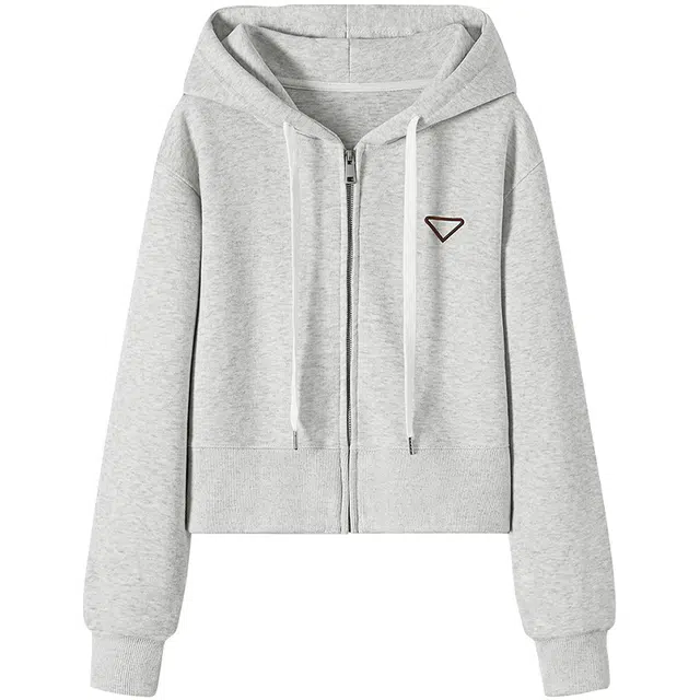 她池 连帽街头拉链短款休闲截短外套 女款 浅灰色