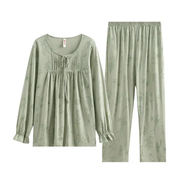 芬腾 植物花卉圆领长袖亲肤透气长裤睡衣套装 女款 灰绿